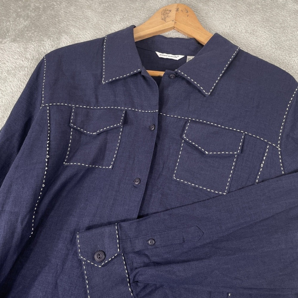 Richard Malcolm Button Up Shirt Womens Large Navy Blue‎ Linen Blend Coastal